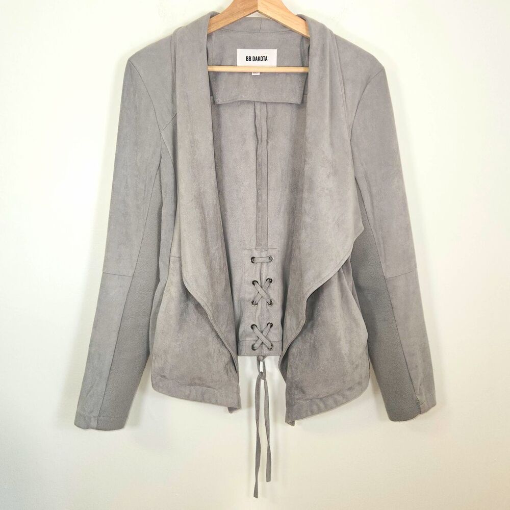 BB Dakota Women's Gray Suede Look Lace-Up Stretch Short Jacket Long Sleeve LARGE